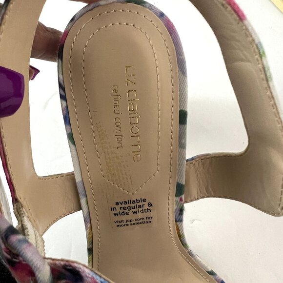 🟣 Liz Claiborne Size 8.5 Floral Block Heel Open Toe Sandals - Picture 7 of 8